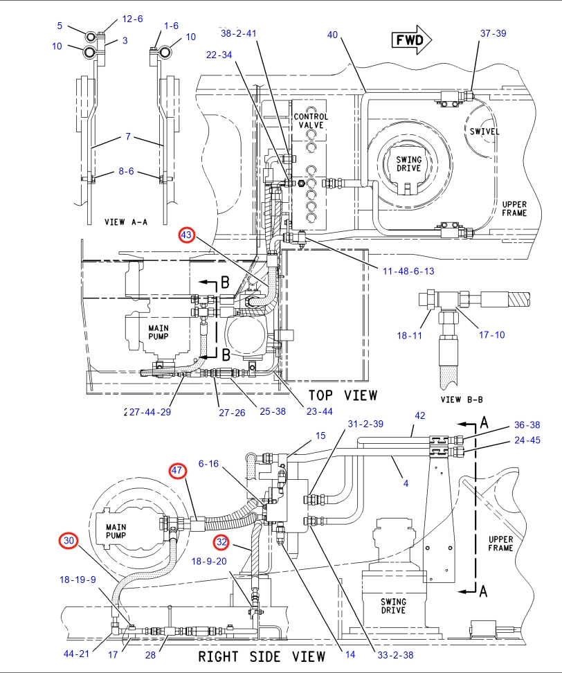 Caterpillar CAT®317B LN installation diagram showing hydraulic hose 121-6317 at Pipe No. 30