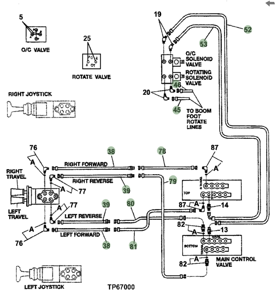 Hitachi EX330-5 installation diagram showing hydraulic hose 4386670 at Pipe No. 80