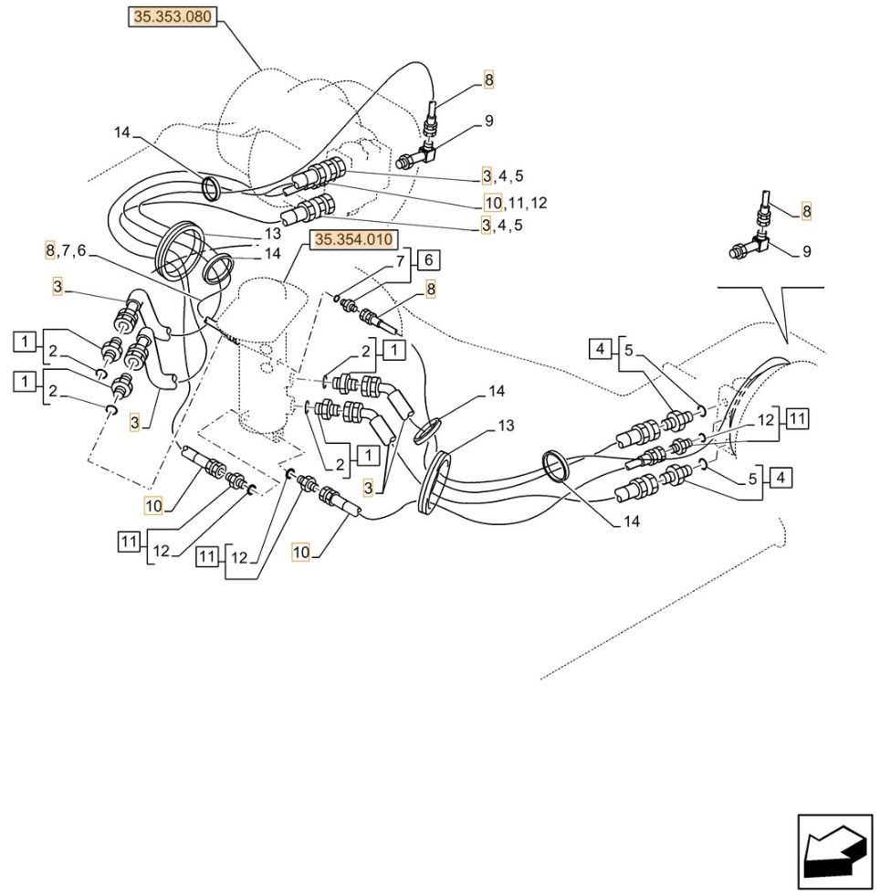 Case CX210D LC installation diagram showing hydraulic hose 152435A1 at Pipe No. 10