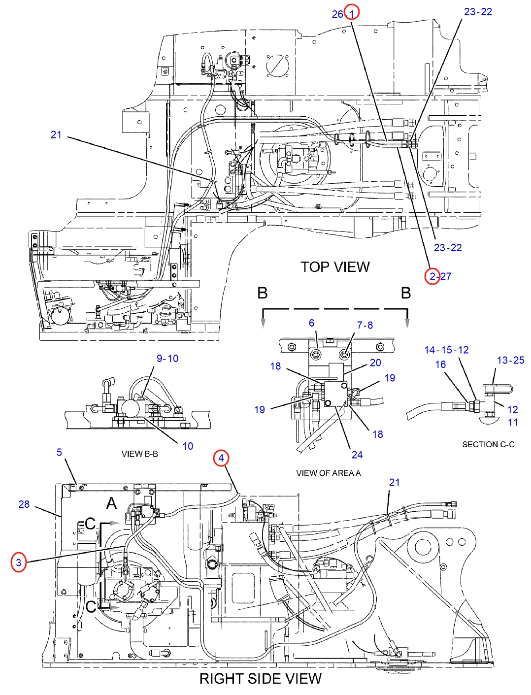 Caterpillar CAT®315C installation diagram showing hydraulic hose 198-0725 at Pipe No. 2