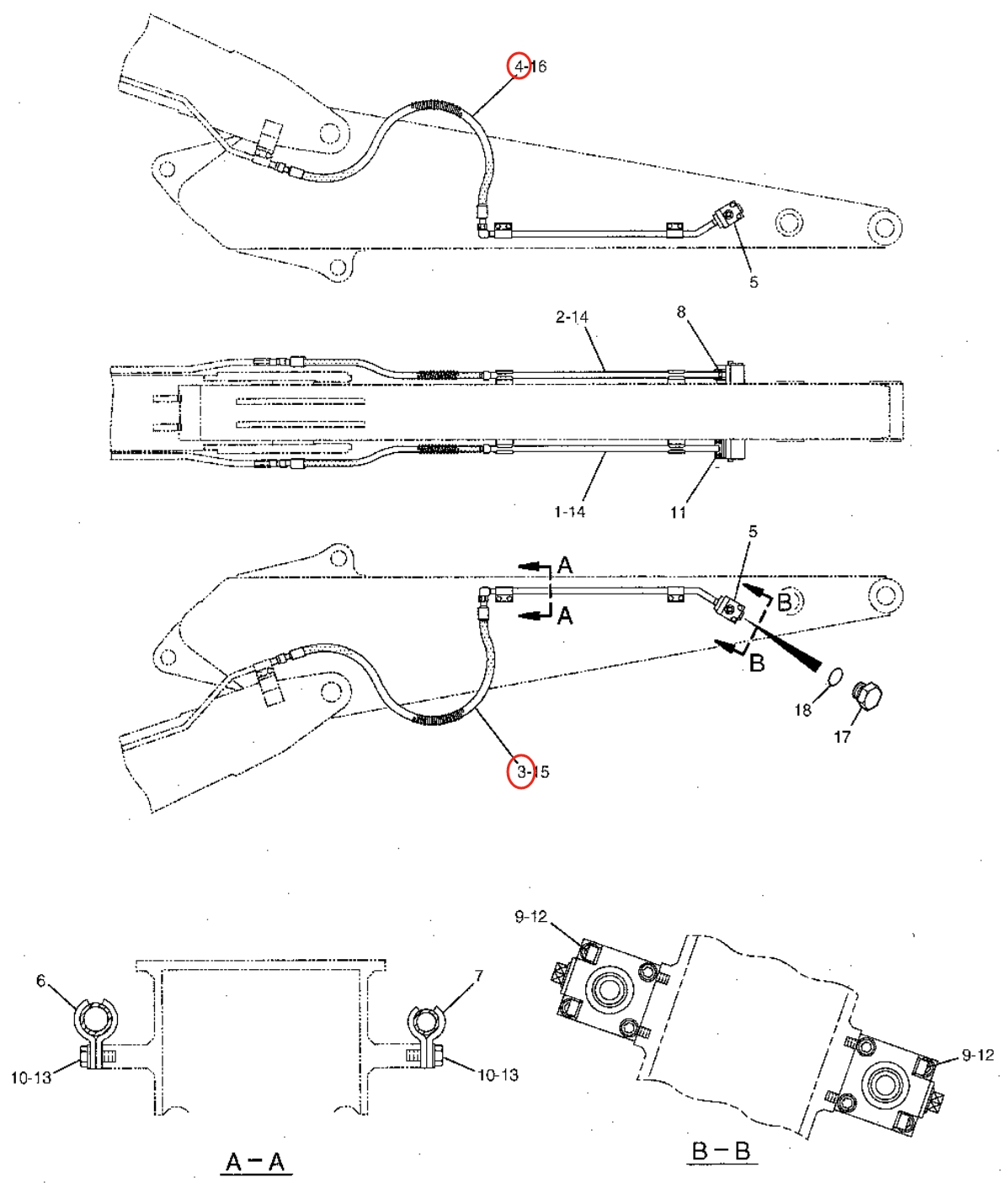 Caterpillar CAT®315B L installation diagram showing hydraulic hose 4I-5556 at Pipe No. 4