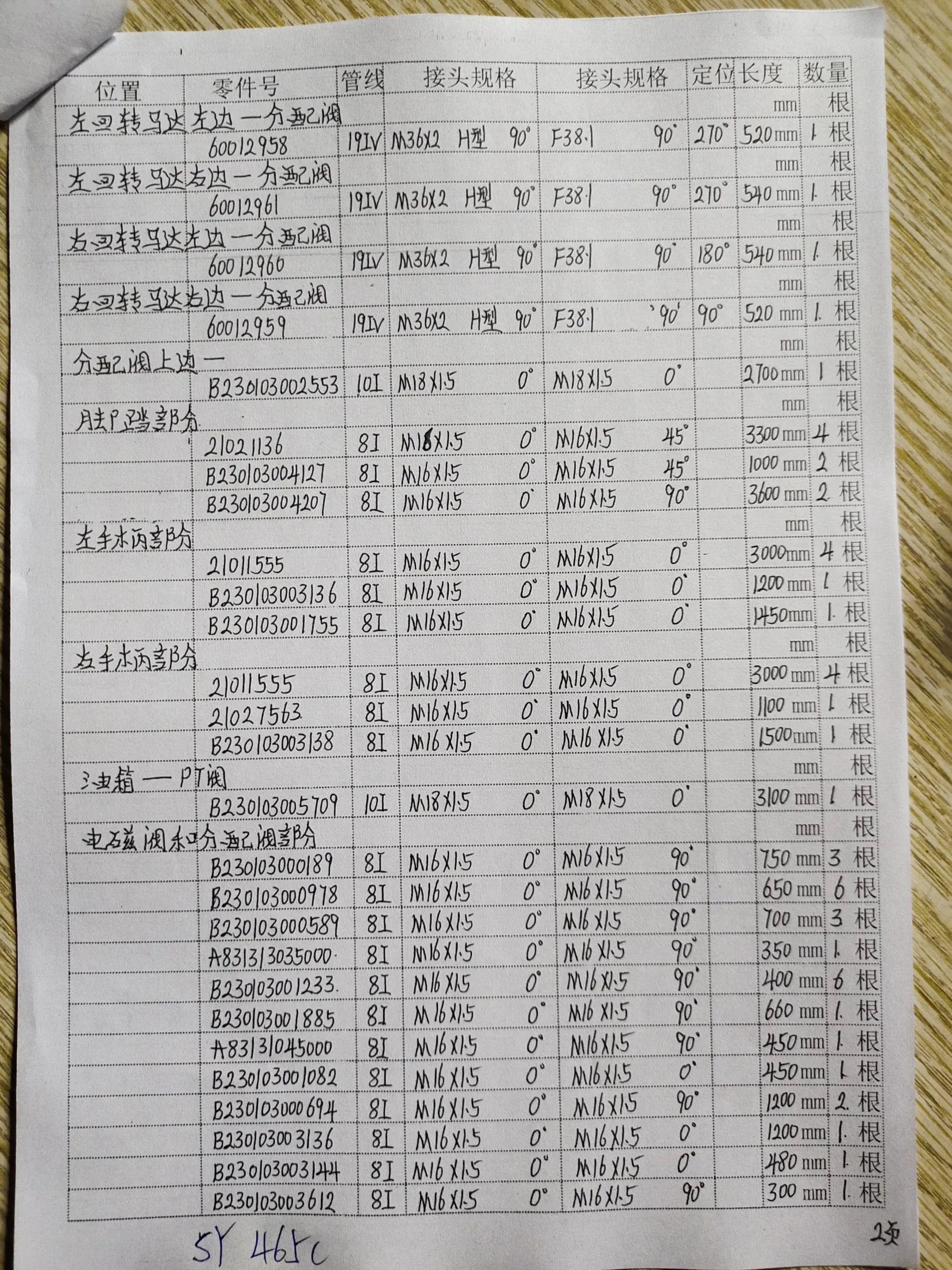 SANY SY465 hydraulic hose part numbers and recorded lengths — technician notebook page 2 of 3 — recorded hose parts A83133035000, A833045000, B23003000694