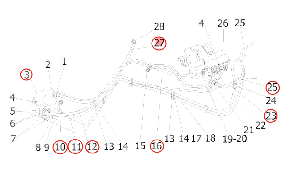 Sunward SWE155F installation diagram showing hydraulic hose 73050200A096 at Pipe No. 27