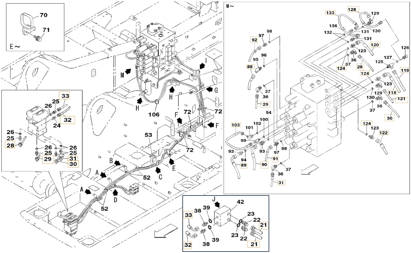 Case CX350B installation diagram showing hydraulic hose KHJ2249 at Pipe No. 32