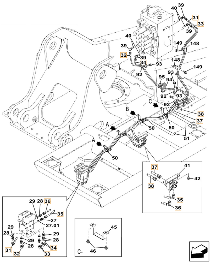 Case CX250C LC installation diagram showing hydraulic hose KHJ2092 at Pipe No. 35