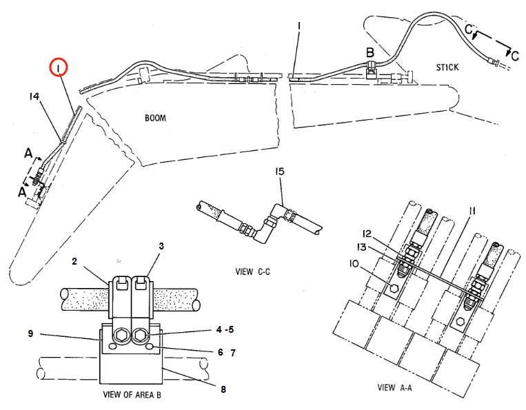 Caterpillar CAT®225B installation diagram showing hydraulic hose 3V-9113 at Pipe No. 1