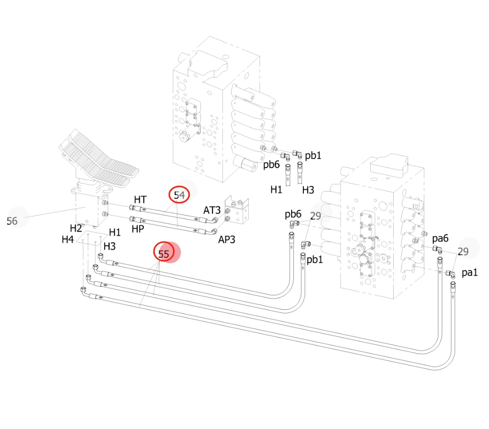 Sunward SWE215E-3H installation diagram showing hydraulic hose 730502000390 at Pipe No. 55