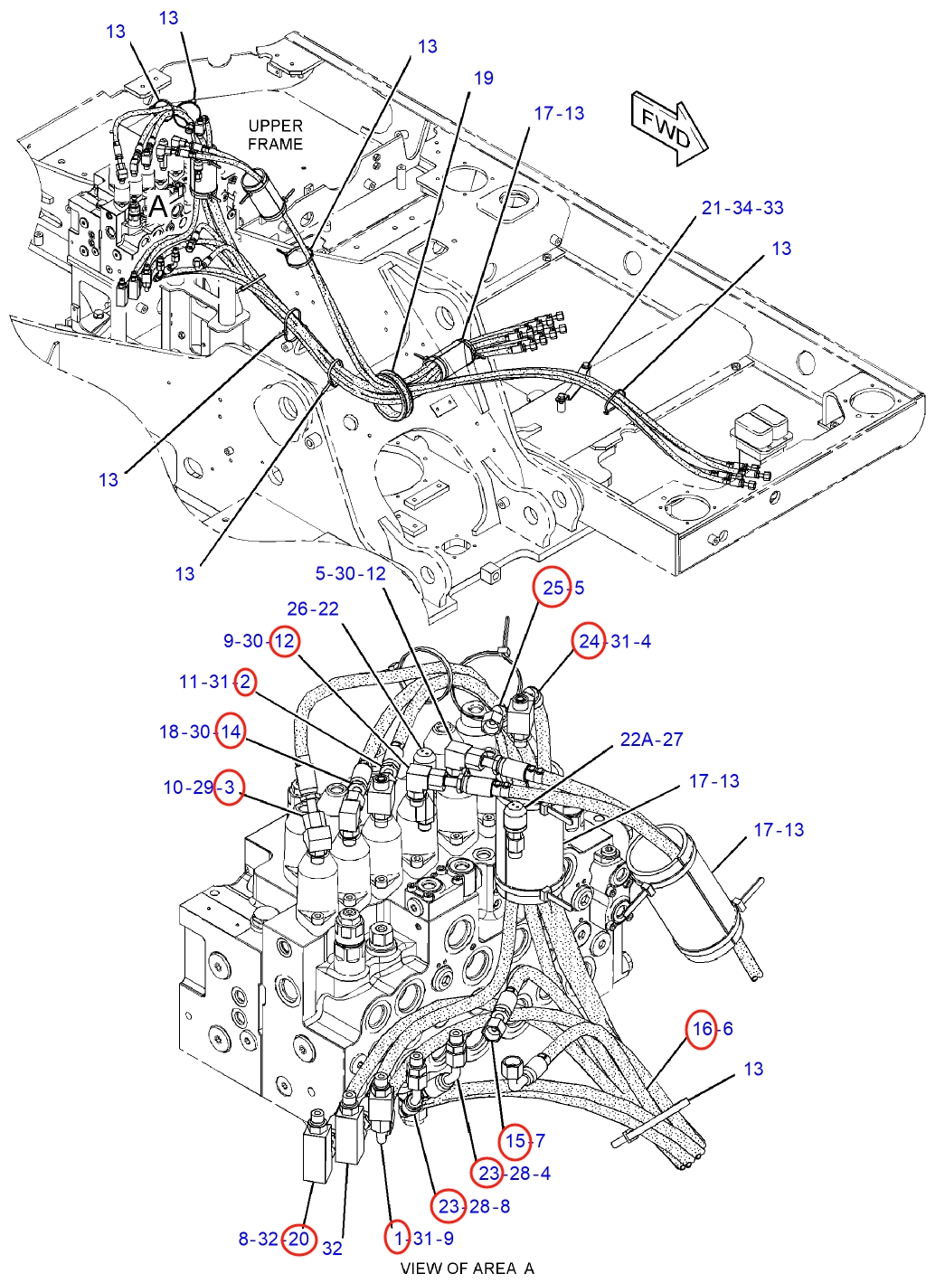 Caterpillar CAT®312E installation diagram showing hydraulic hose 104-8973 at Pipe No. 15