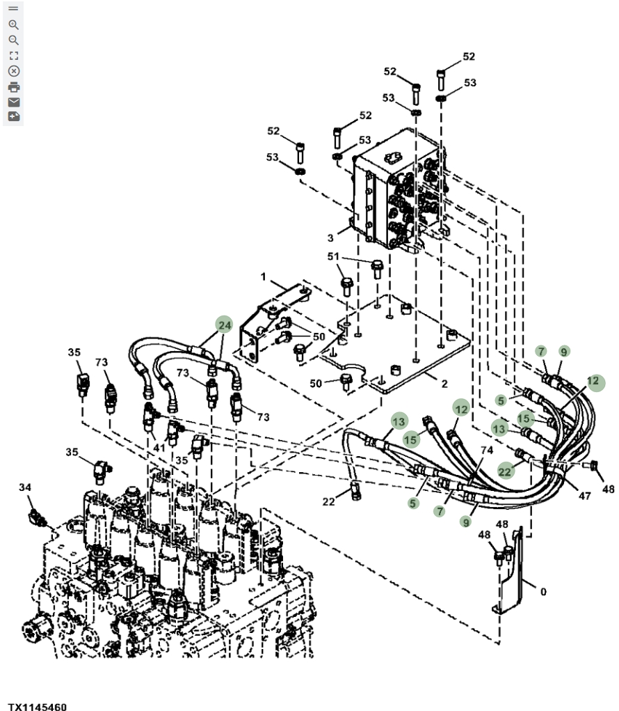 Hitachi ZX670LC-5G installation diagram showing hydraulic hose 4713480 at Pipe No. 7
