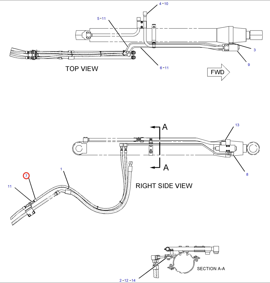 Caterpillar CAT®317B LN installation diagram showing hydraulic hose 207-2626 at Pipe No. 7