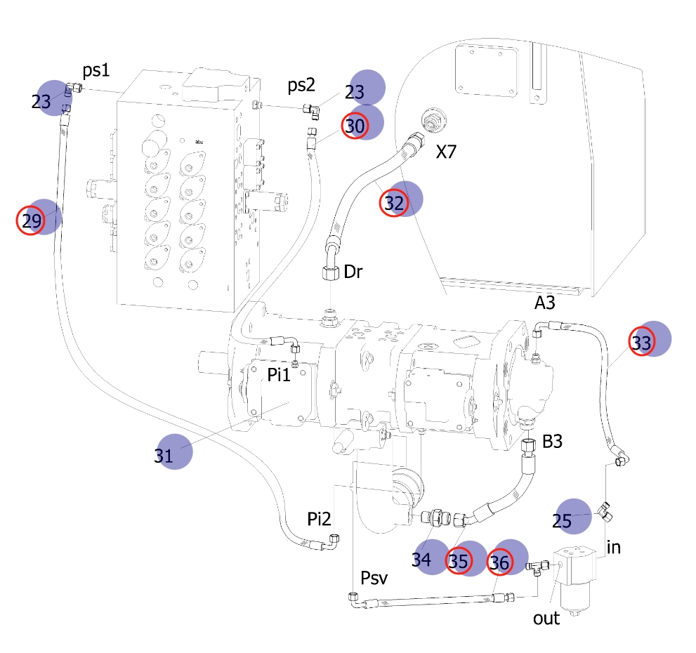 Sunward SWE235E-3H installation diagram showing hydraulic hose 730502000799 at Pipe No. 30