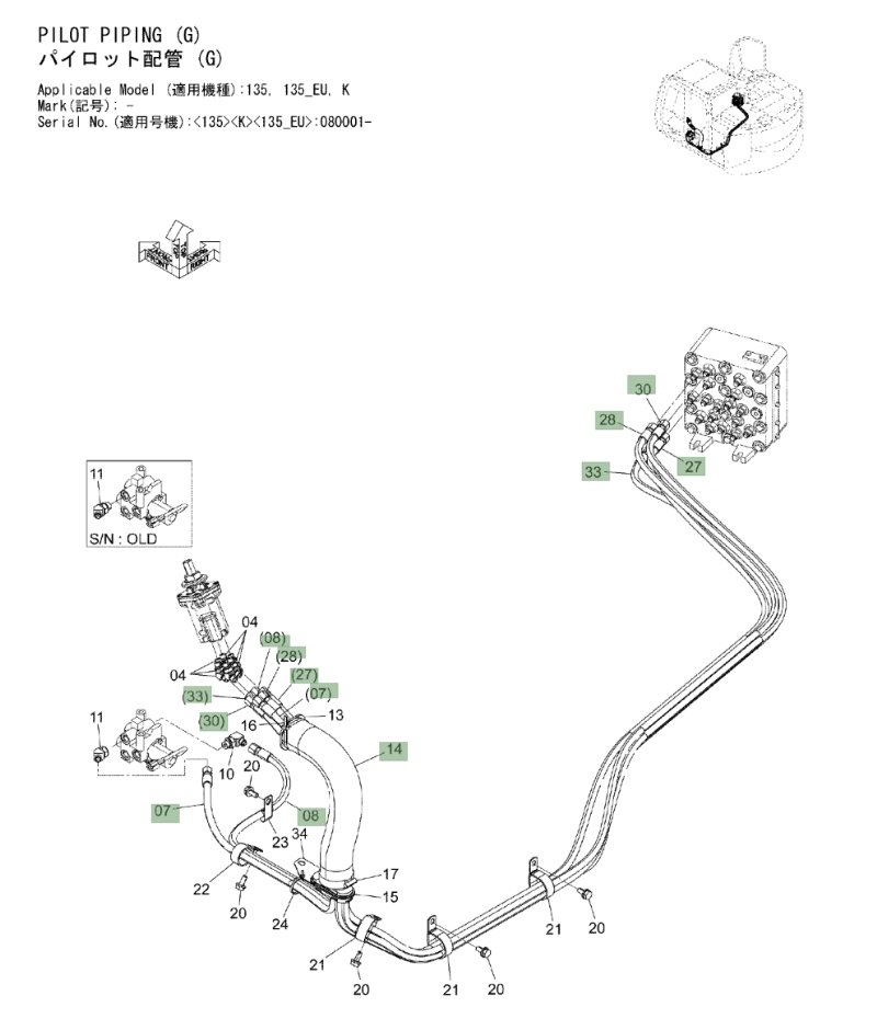 Hitachi ZX135US-3 installation diagram showing hydraulic hose 4654827 at Pipe No. 28