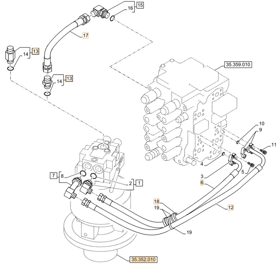 Case CX130D installation diagram showing hydraulic hose KNJ14600 at Pipe No. 17
