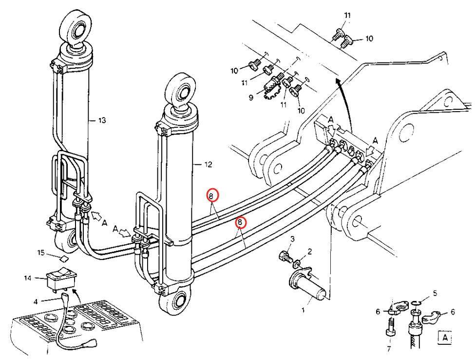 Caterpillar CAT®214B FT installation diagram showing hydraulic hose 8U-1071 at Pipe No. 8