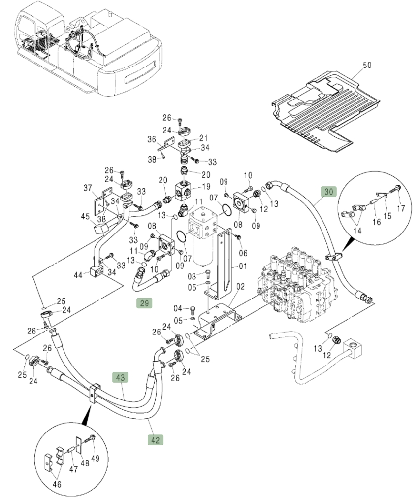 Hitachi ZX450LC installation diagram showing hydraulic hose 4348070 at Pipe No. 42