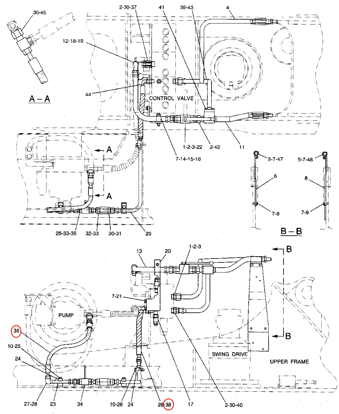 Caterpillar CAT®315B installation diagram showing hydraulic hose 185-9047 at Pipe No. 36