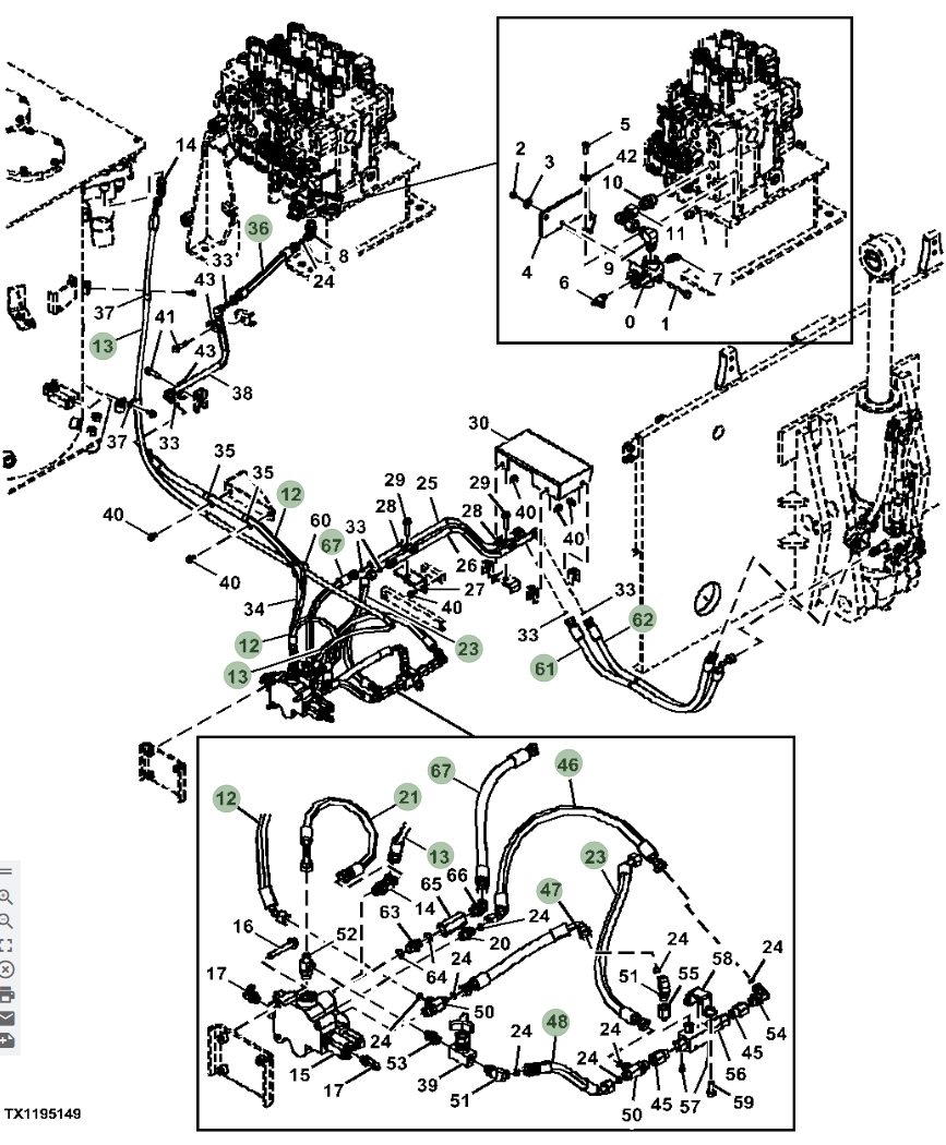 Hitachi ZX670LC-6 installation diagram showing hydraulic hose 4606397 at Pipe No. 67