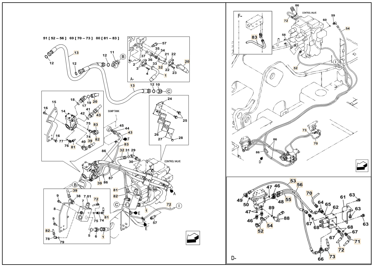 Case CX130C W/B installation diagram showing hydraulic hose KHJ2036 at Pipe No. 70