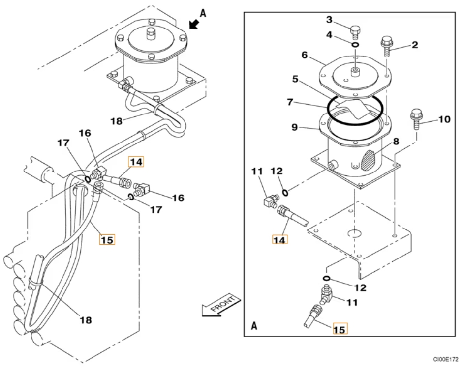 Case CX240 installation diagram showing hydraulic hose 157853A1 at Pipe No. 14