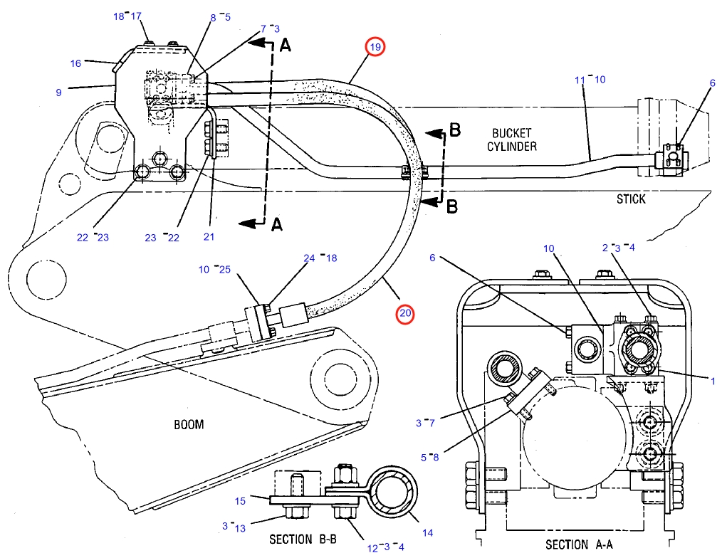 Caterpillar CAT®235D installation diagram showing hydraulic hose 6W-6472 at Pipe No. 19