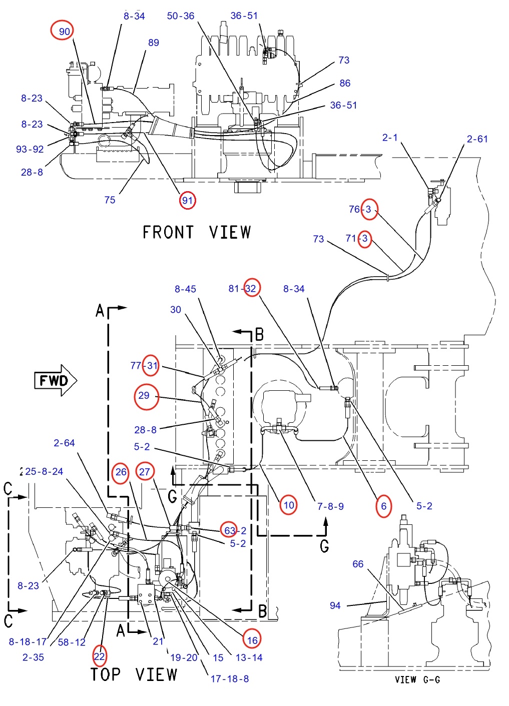Caterpillar CAT®312-A installation diagram showing hydraulic hose 7I-0900 at Pipe No. 27
