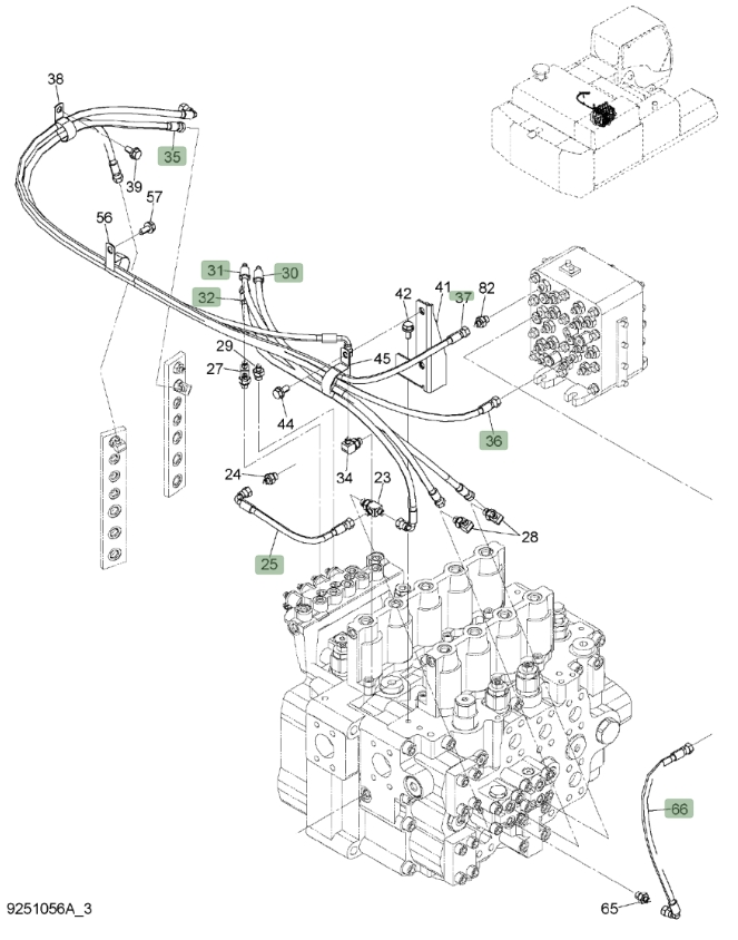 Hitachi ZX450LC-3 installation diagram showing hydraulic hose 4634381 at Pipe No. 36