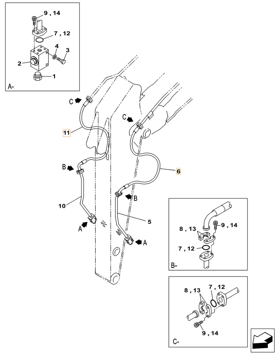 Case CX500C LC ME installation diagram showing hydraulic hose KBV15980 at Pipe No. 6