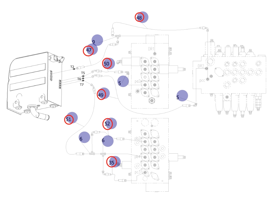Sunward SWE155E installation diagram showing hydraulic hose 730501001028 at Pipe No. 51