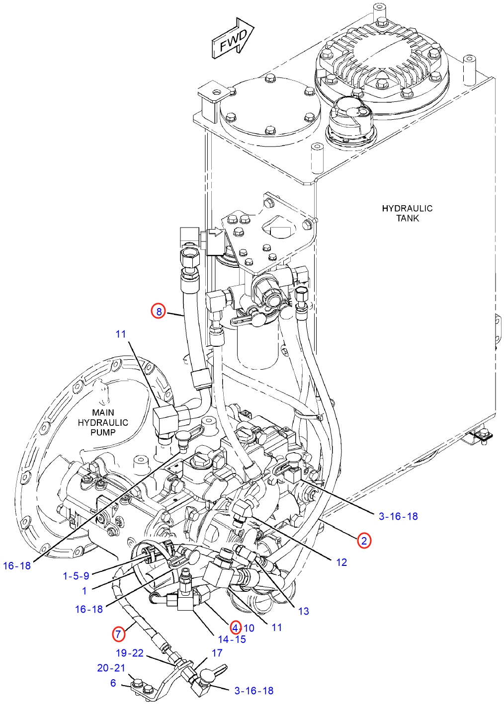 Caterpillar CAT®314E LCR installation diagram showing hydraulic hose 371-2997 at Pipe No. 7