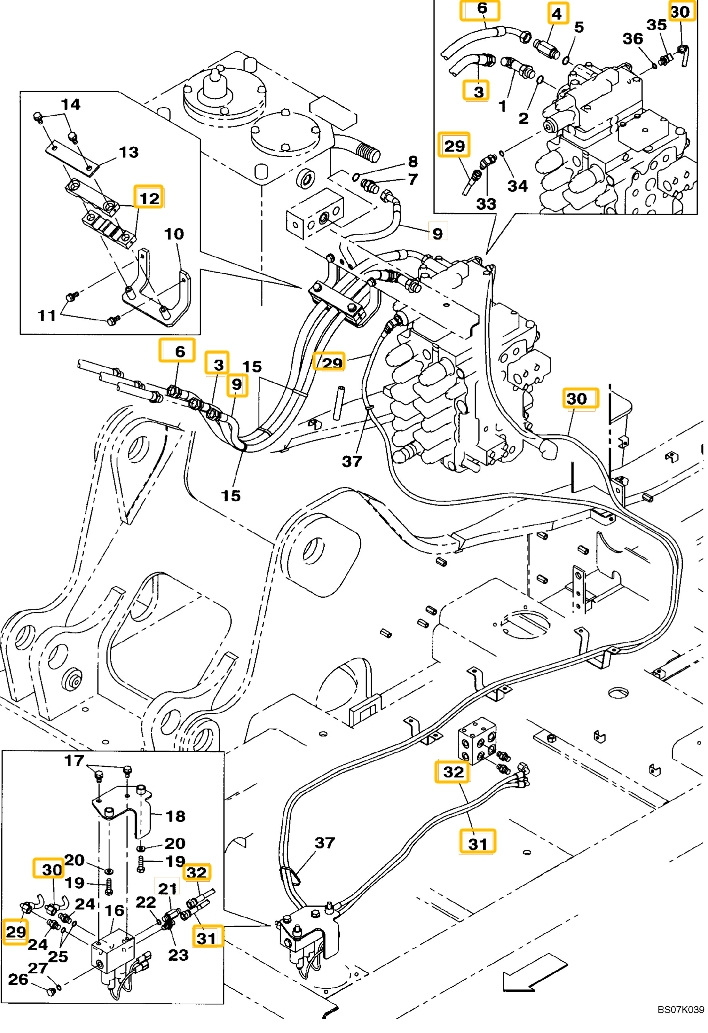 Case CX130B installation diagram showing hydraulic hose KHJ12230 at Pipe No. 29