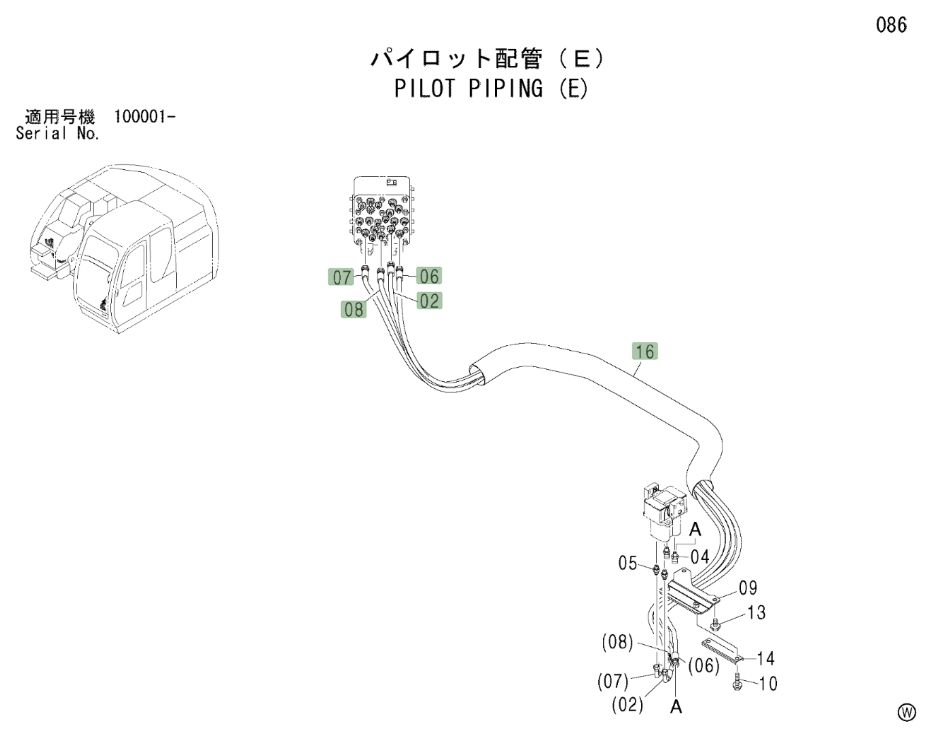 Hitachi ZX225USLC installation diagram showing hydraulic hose 4431844 at Pipe No. 8