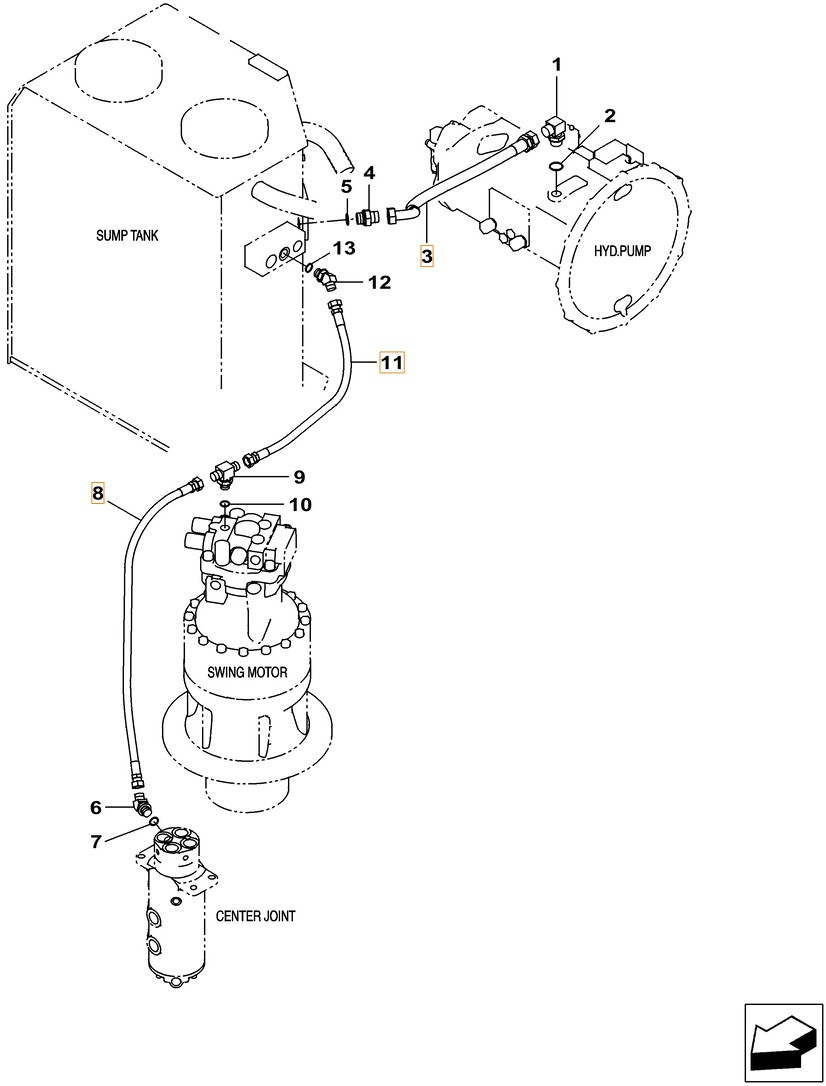 Case CX260C-8 LC installation diagram showing hydraulic hose KAJ2420 at Pipe No. 3