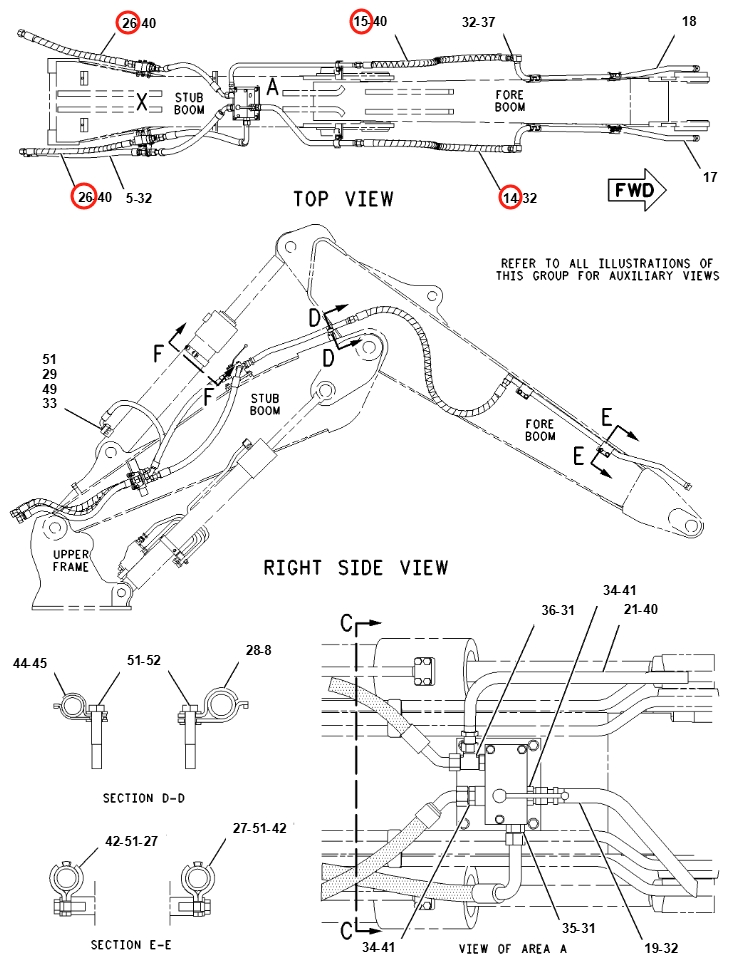 Caterpillar CAT®312B L installation diagram showing hydraulic hose 142-1238 at Pipe No. 5