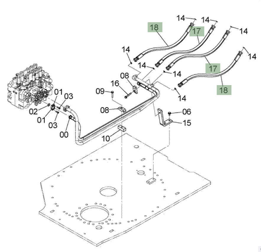 Hitachi ZX210W-3 installation diagram showing hydraulic hose 4650217 at Pipe No. 17