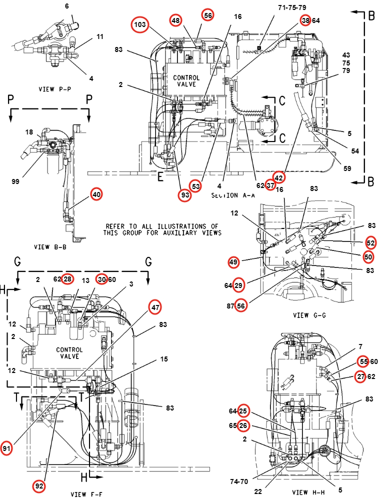 Caterpillar CAT®312C L installation diagram showing hydraulic hose 7Y-4366 at Pipe No. 92