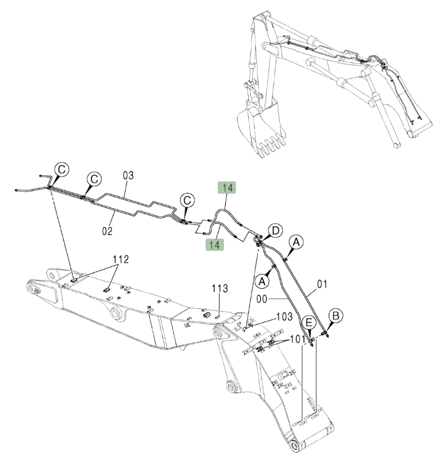 Hitachi ZX210W installation diagram showing hydraulic hose 4469297 at Pipe No. 14