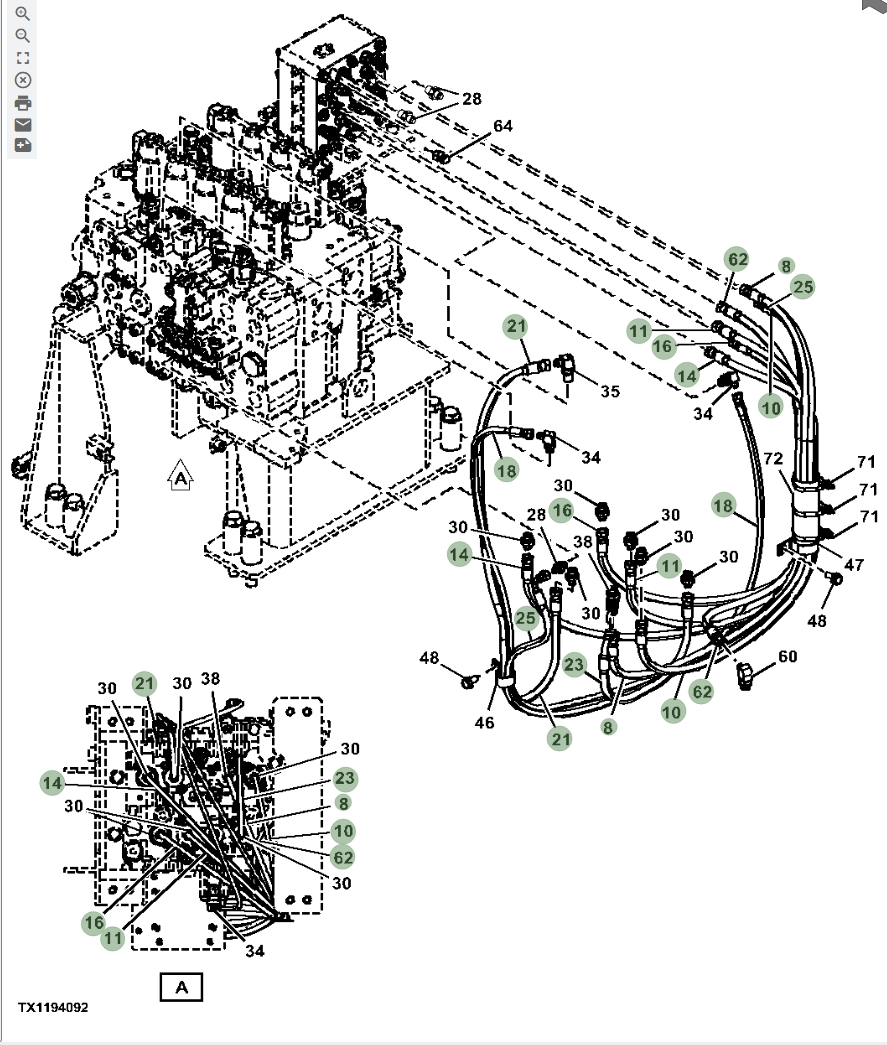 Hitachi ZX670LC-5A installation diagram showing hydraulic hose 4713489 at Pipe No. 25