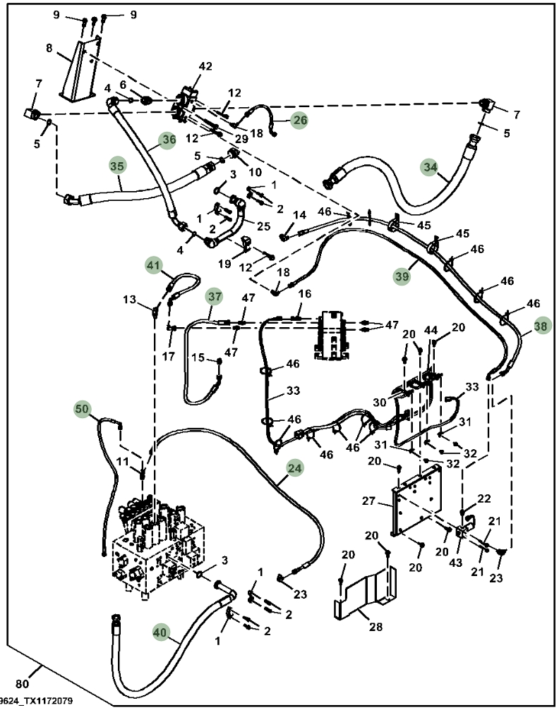Hitachi ZX380LC-5N installation diagram showing hydraulic hose 4637310 at Pipe No. 35