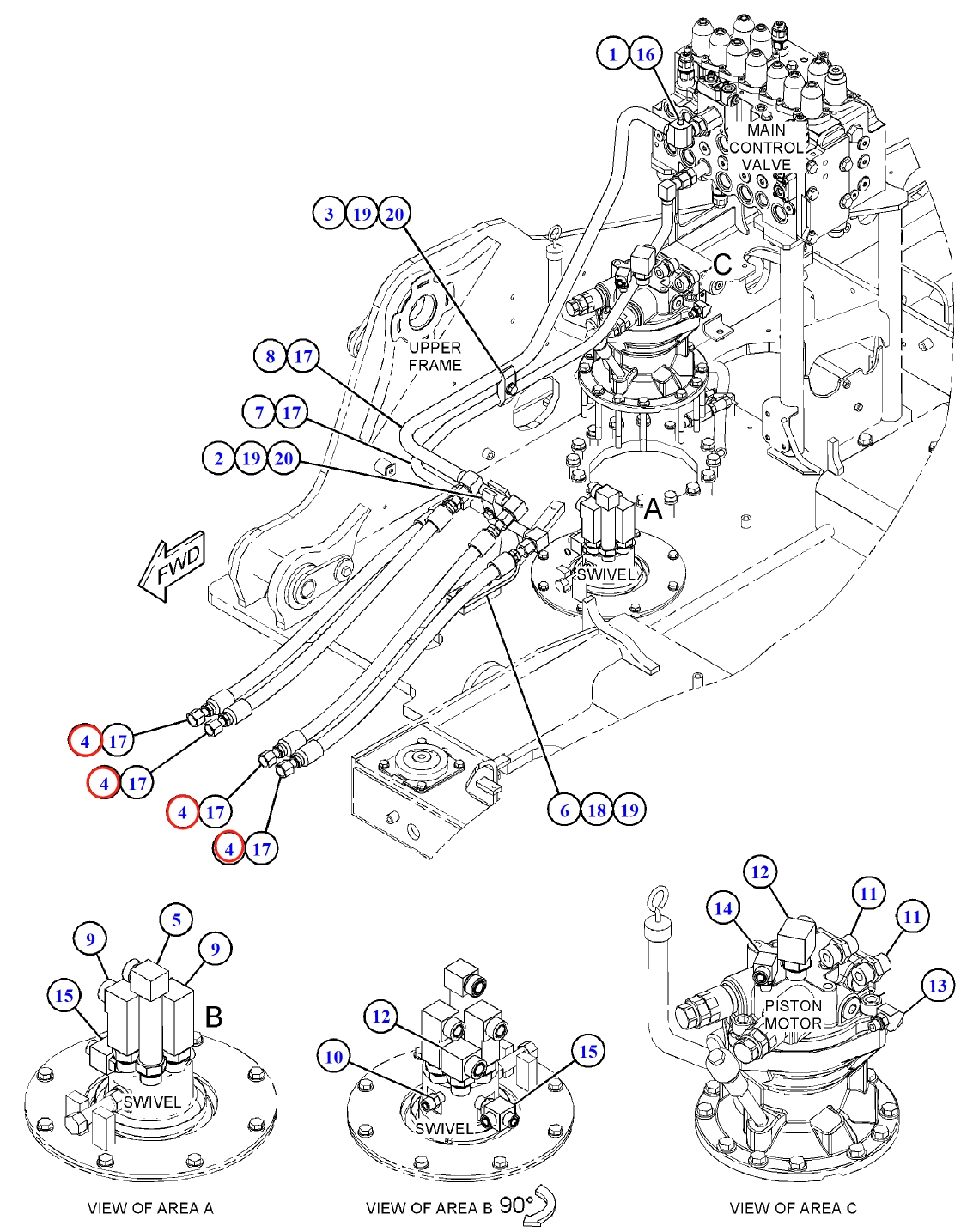 Caterpillar CAT®313F installation diagram showing hydraulic hose 123-2636 at Pipe No. 4