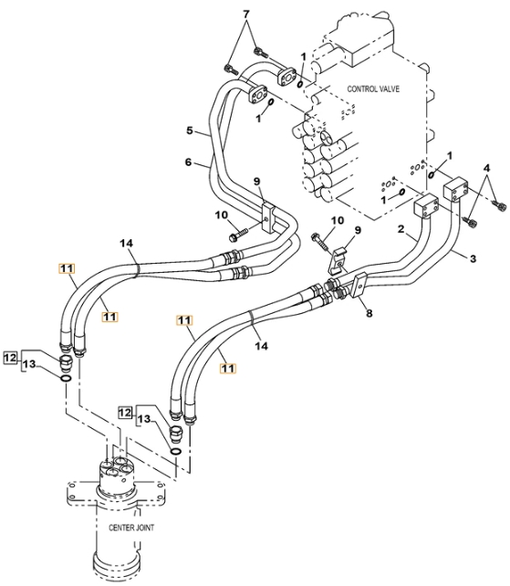 Case CX220C installation diagram showing hydraulic hose KRJ10710 at Pipe No. 11