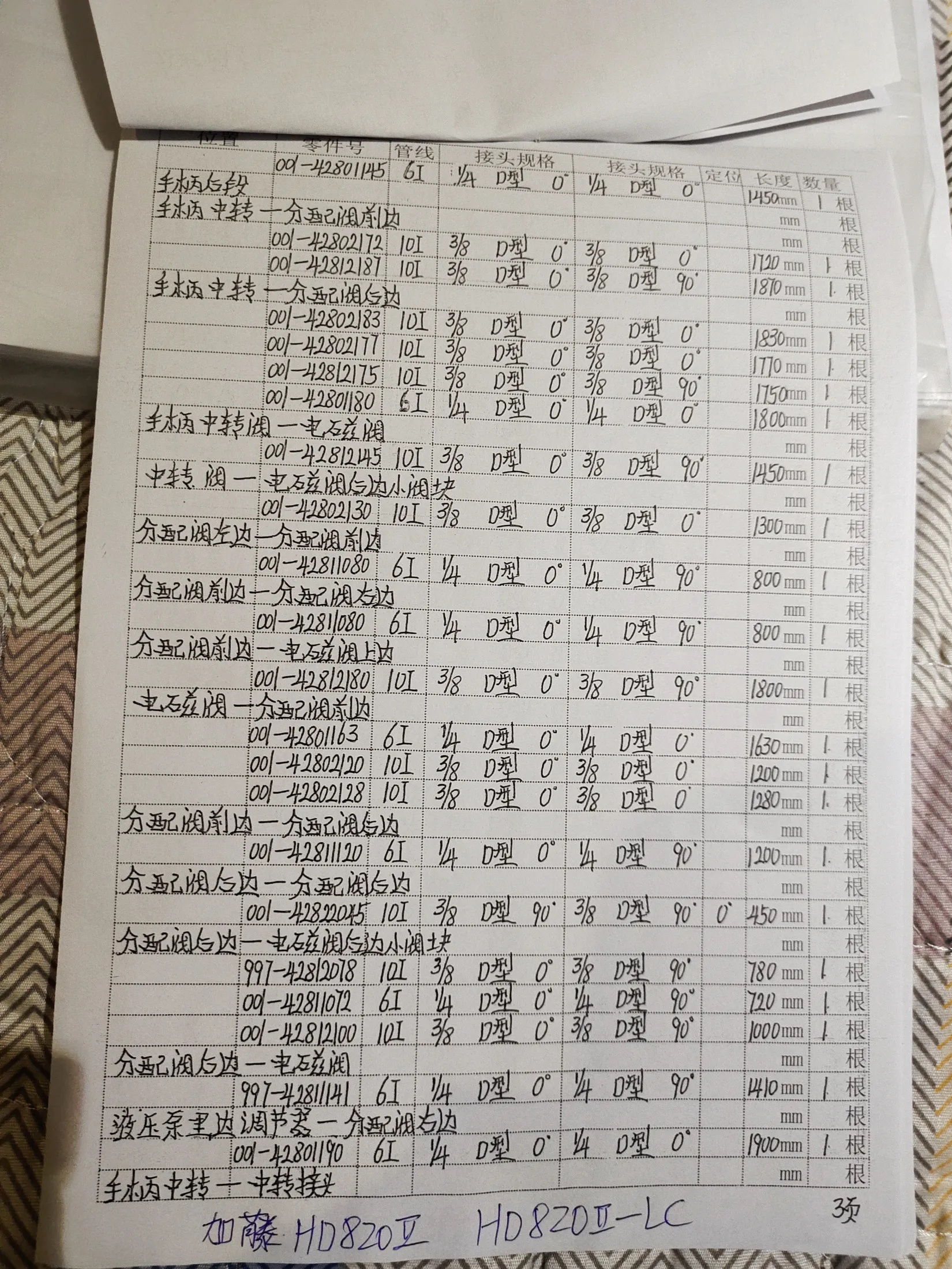 Kato HD820 II LC hydraulic hose part numbers and recorded lengths — technician notebook page 3 of 5