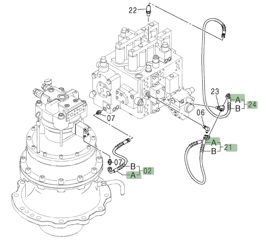 Hitachi ZX370 installation diagram showing hydraulic hose 9190861 at Pipe No. 21