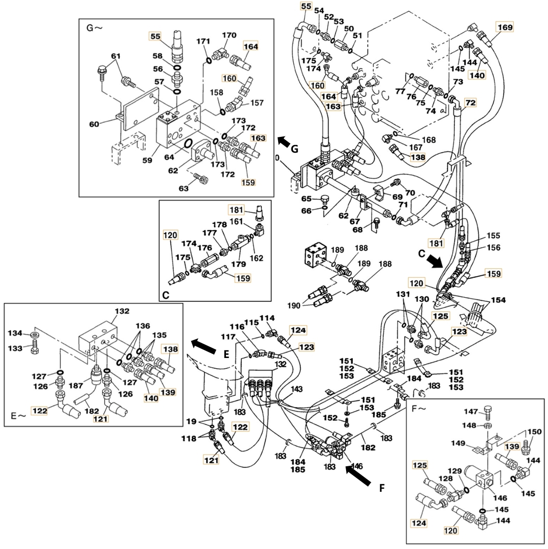 Case CX210 installation diagram showing hydraulic hose 152581A1 at Pipe No. 120