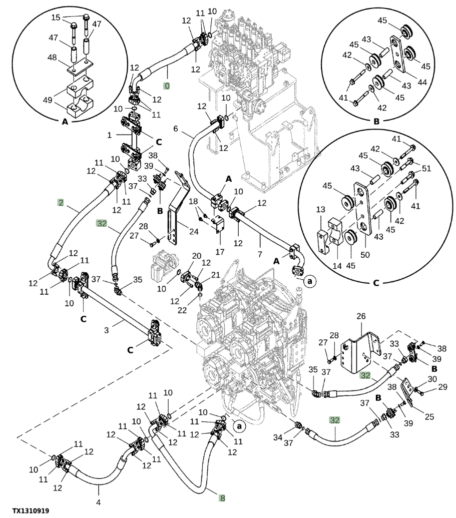 Hitachi EX1200-7 installation diagram showing hydraulic hose 4622750 at Pipe No. 32