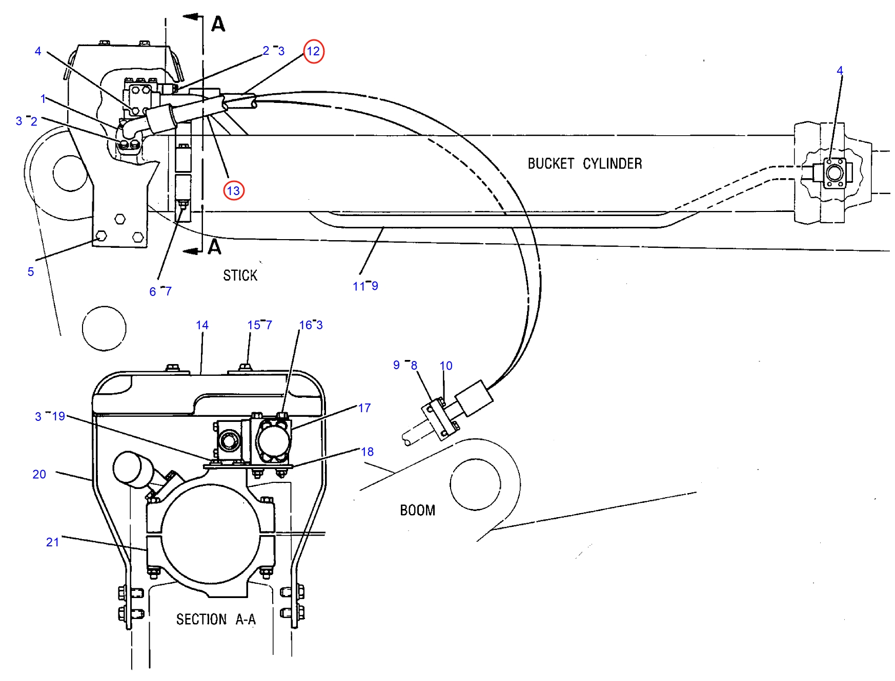 Caterpillar CAT®245B installation diagram showing hydraulic hose 8V-6563 at Pipe No. 12