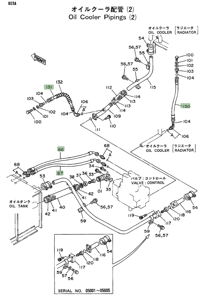 Hitachi EX270LC installation diagram showing hydraulic hose 4204183 at Pipe No. 66