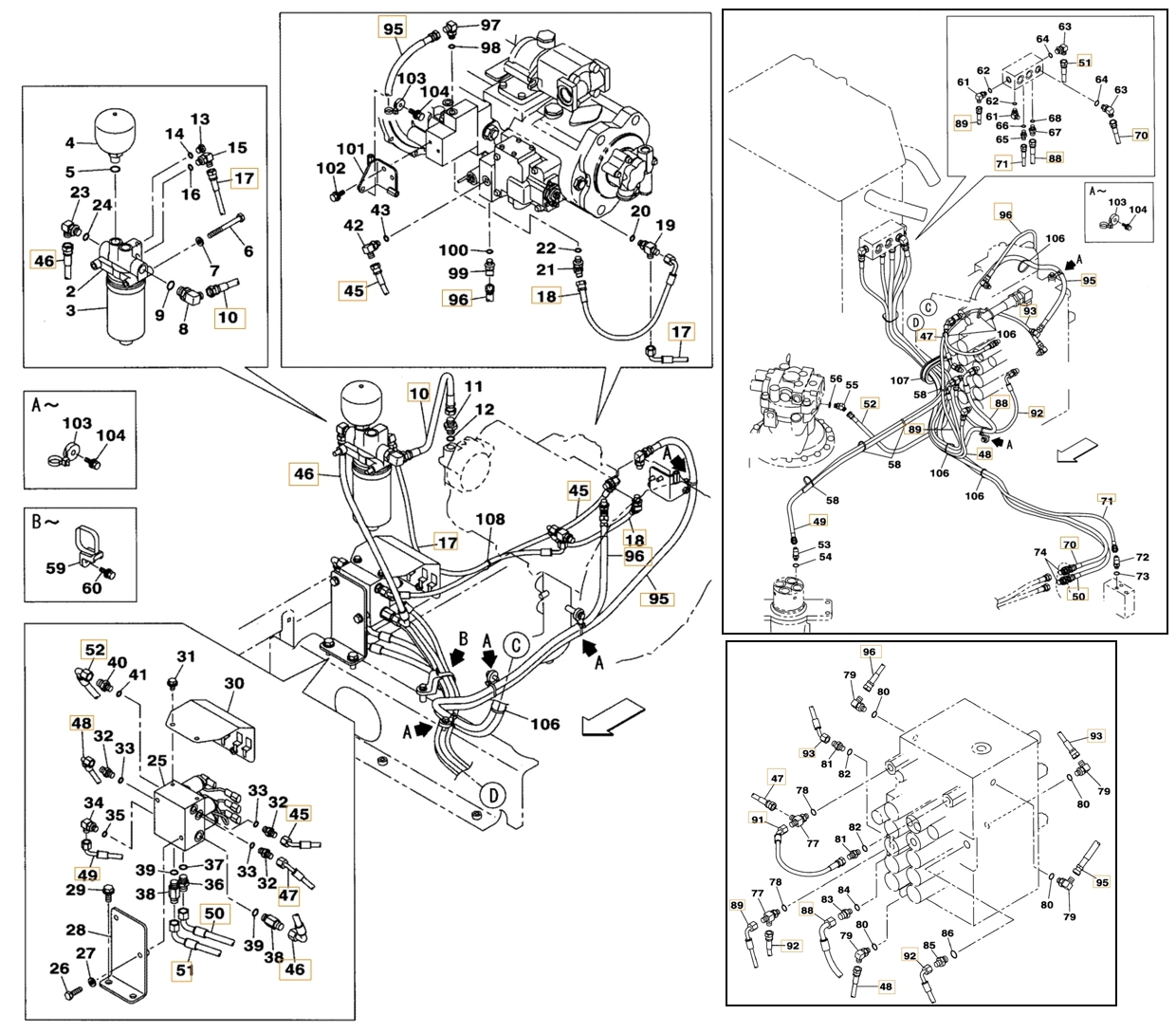 Case CX160B installation diagram showing hydraulic hose KHJ2244 at Pipe No. 93