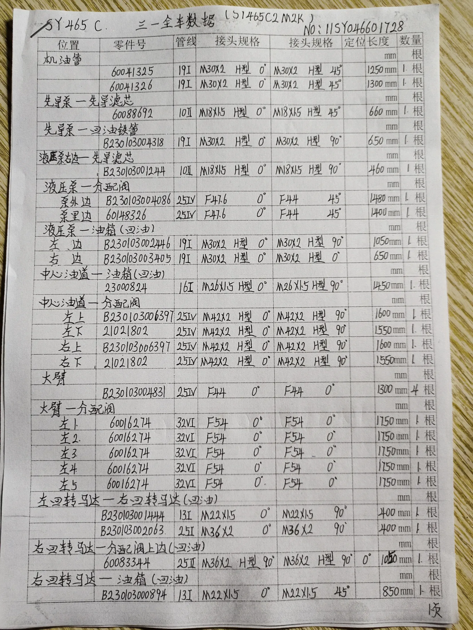 SANY SY465 hydraulic hose part numbers and recorded lengths — technician notebook page 1 of 3 — recorded hose parts B2300300483, B230103000894, B23010300340519I