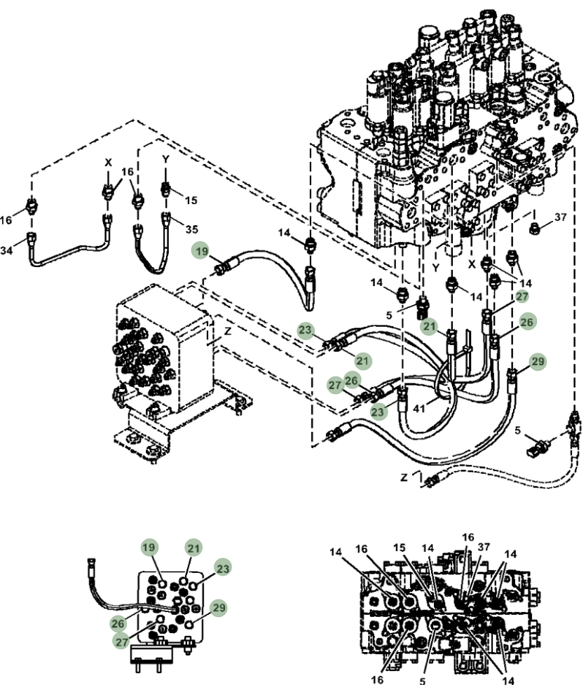 Hitachi ZX245USLC-5N installation diagram showing hydraulic hose 4716226 at Pipe No. 21