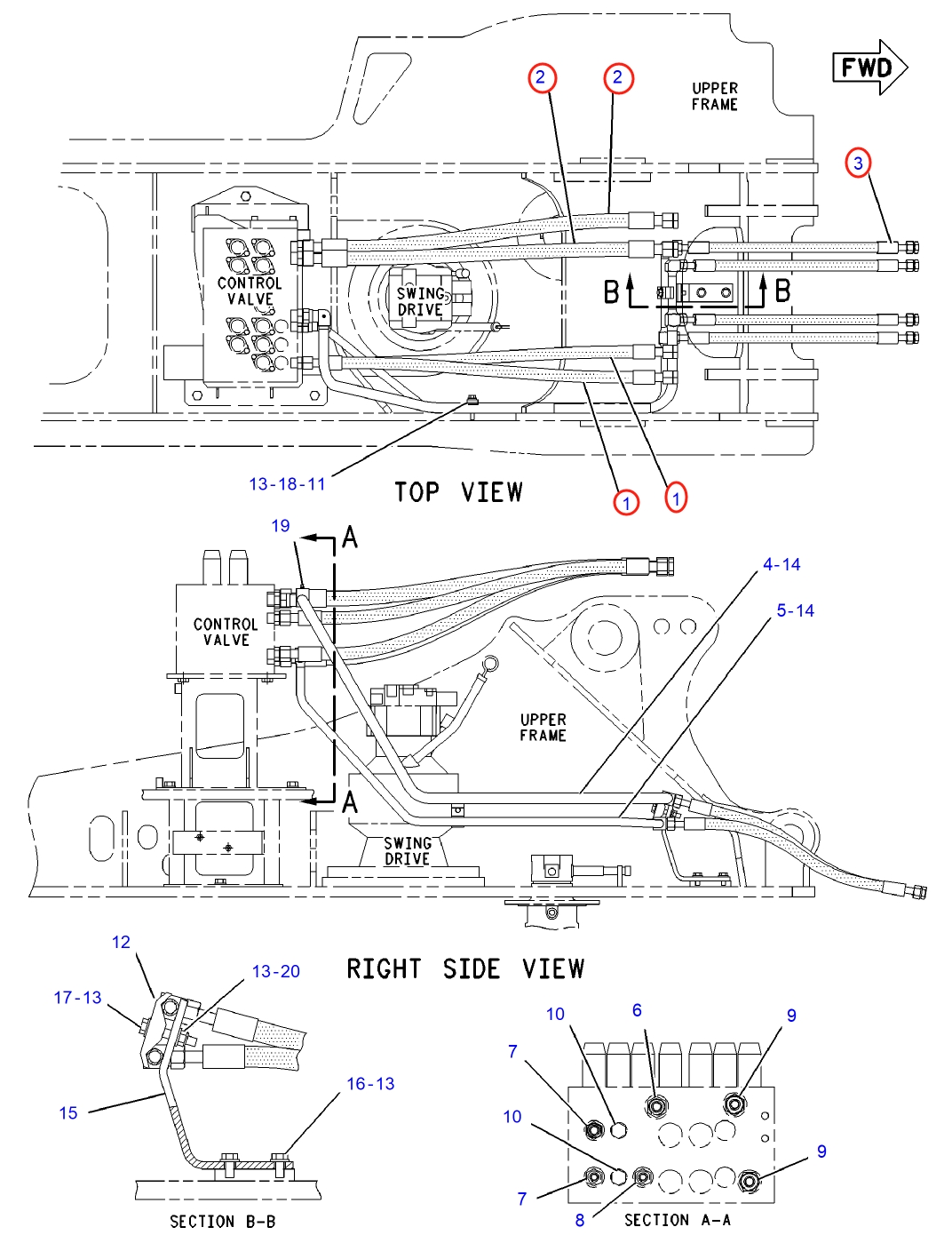 Caterpillar CAT®315C installation diagram showing hydraulic hose 184-9543 at Pipe No. 3